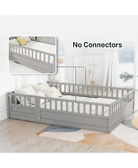 Simplie Fun Full size Floor bed, integral construction with super high security barrier, door, children's floor bed frame, Montessori wooden children'