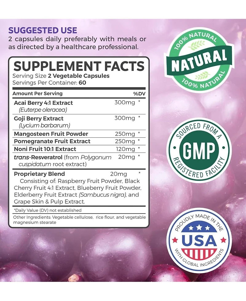 Super Antioxidants Supplement | Powerful Super Food Antioxidant Daily Blend | Acai Berry, Goji, Pomegranate & Trans Resveratrol | Herbal and Fruit For