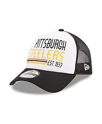 New Era Men's White/Black Pittsburgh Steelers Stacked A-Frame Trucker 9FORTY Adjustable Hat