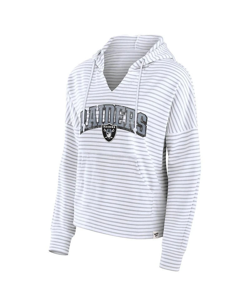 Fanatics Women's White/Gray Las Vegas Raiders Striped Notch Neck Pullover Hoodie