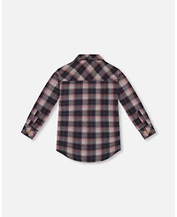 Deux par Deux Toddler Girls Long Sleeve Button Front Tunic Flannel Shirt Plaid Navy And Pink - Toddler|Child