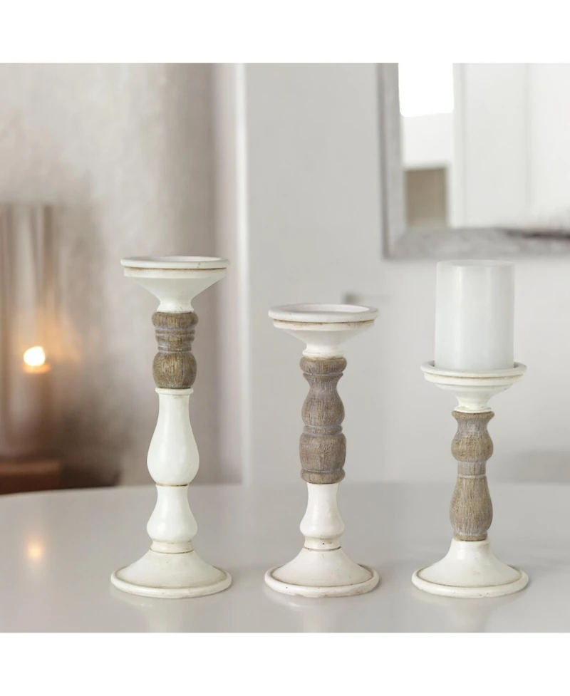 Slickblue Ivory Candle Holder With Wood Accent (Set of 3)