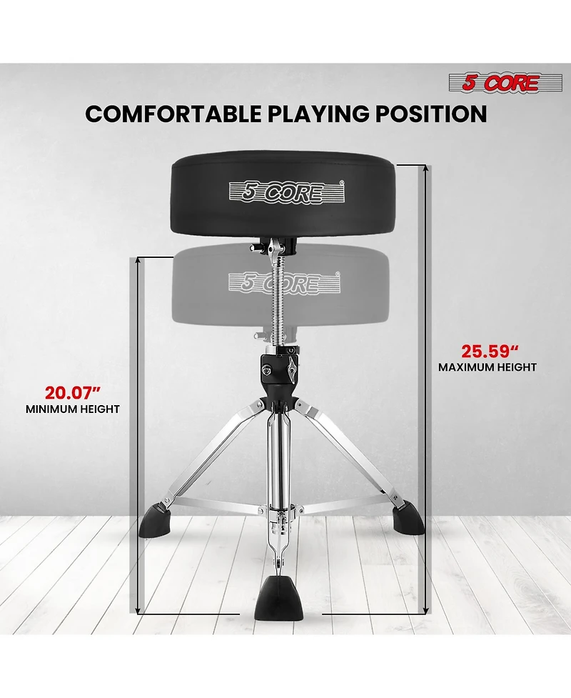 5 Core Drum Throne Comfortable Height Adjustable Stool Thick Padded Seat Professional Heavy Duty Musician Drummer Chair 400 lbs Capacity for Adults An