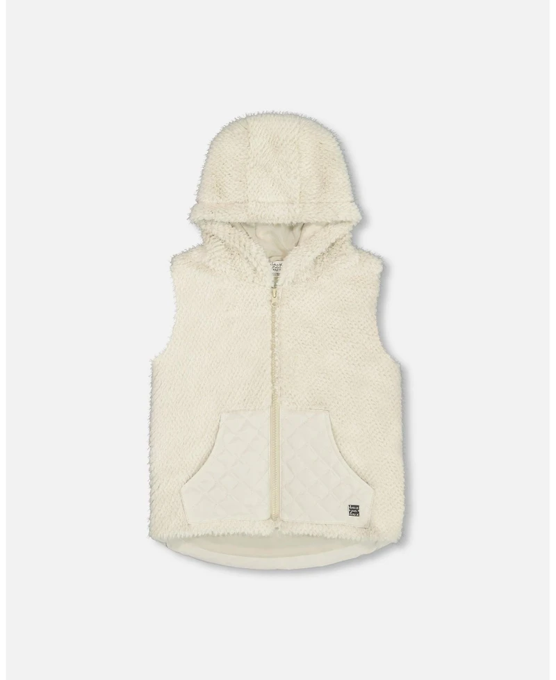 Deux par Deux Big Girls Hooded Vest With Pocket Beige