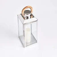 19" Oceanside Large Decorative Outdoor Chrome Finish Pillar Candle Lantern w/ Teakwood Handle