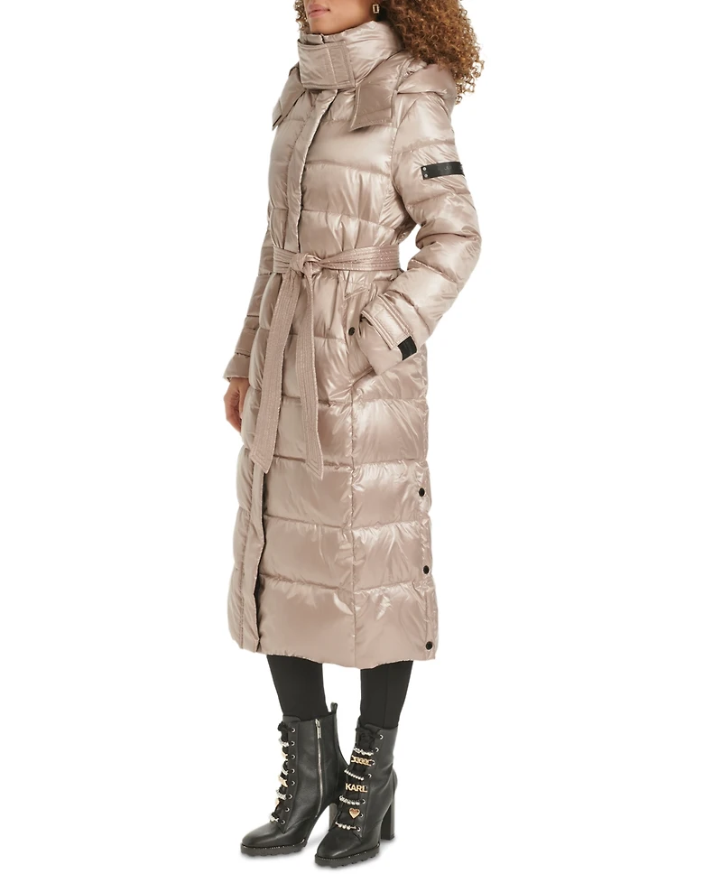 Karl Lagerfeld Womens Shine Hooded Belted Puffer Coat
