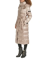 Karl Lagerfeld Womens Shine Hooded Belted Puffer Coat