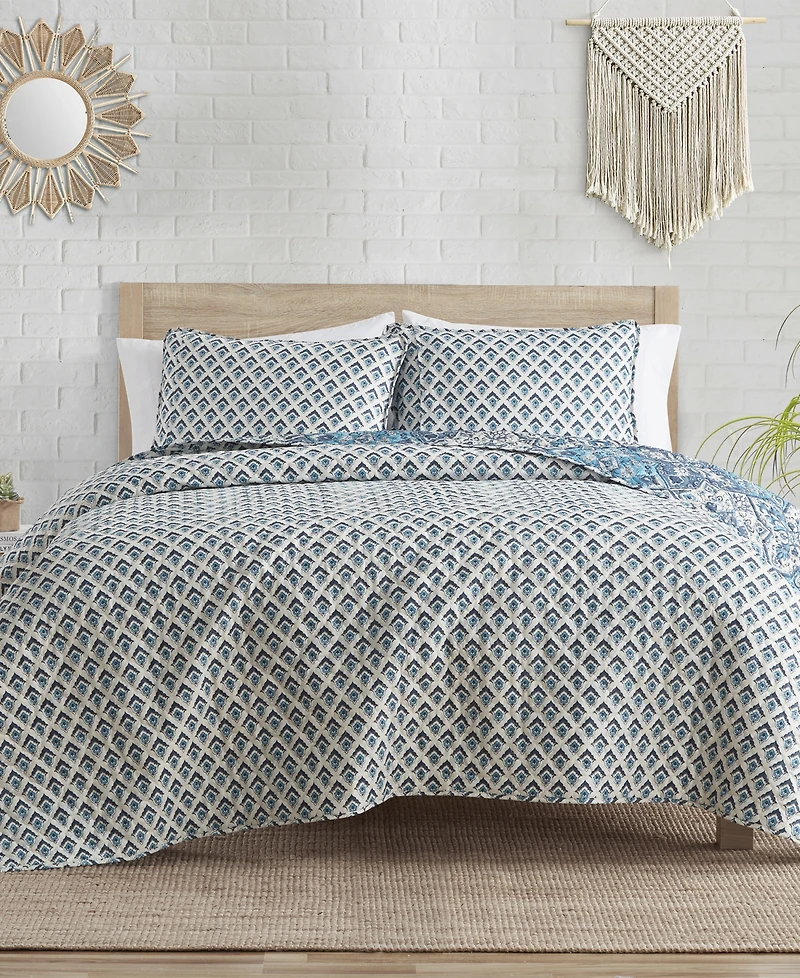 Indigo Ink White Denim Medallion Reversible 3-Pc. Quilt Set, Full/Queen