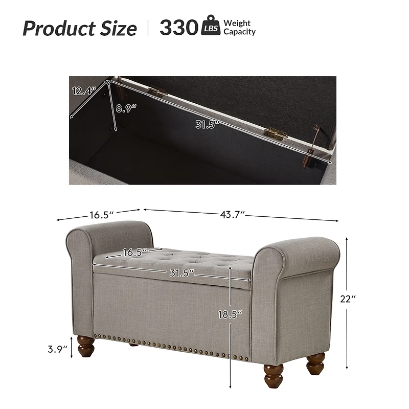 Hulala Home Transitional Carmen 43.7" Wide Storage Bench with Sturdy Wood Legs