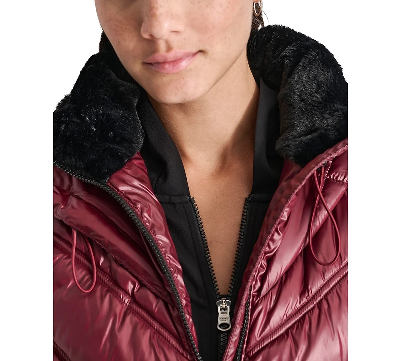 Dkny Women's Hooded Puffer Vest with Contrast Scuba and Teddy Faux Fur Collar