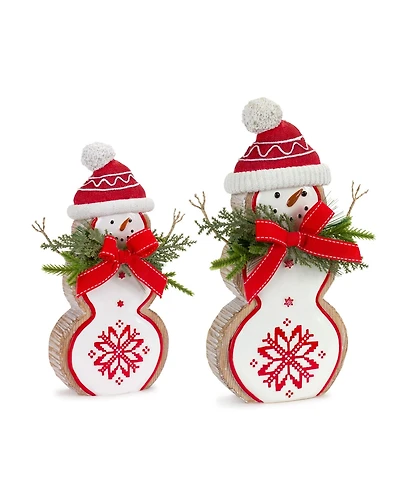 Slickblue Nordic Snowflake Snowman Figurine with Pine Bow Accent (Set of 2)