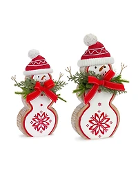 Slickblue Nordic Snowflake Snowman Figurine with Pine Bow Accent (Set of 2)