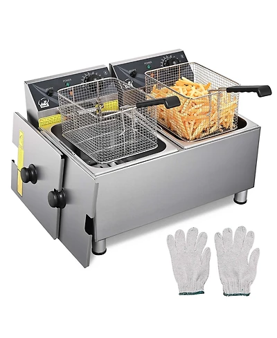 WeChef Commercial Deep Fryer 24L Dual Tank Electric Deep Fryers with Basket Stainless Steel Countertop Fryer for Restaurant Use, Two 6-15 Phase Plugs,