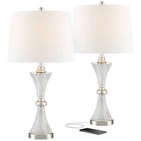 Luca Modern Table Lamps 25.5" High Set of 2 with Usb Charging Port Glass Chrome Silver Metal White Fabric Drum Shade for Living Room Bedroom Hous