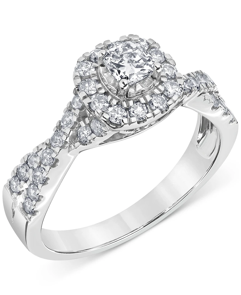 Diamond Cushion & Round Halo Twist Engagement Ring (3/4 ct. t.w.) in 14k White Gold