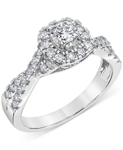 Diamond Cushion & Round Halo Twist Engagement Ring (3/4 ct. t.w.) in 14k White Gold