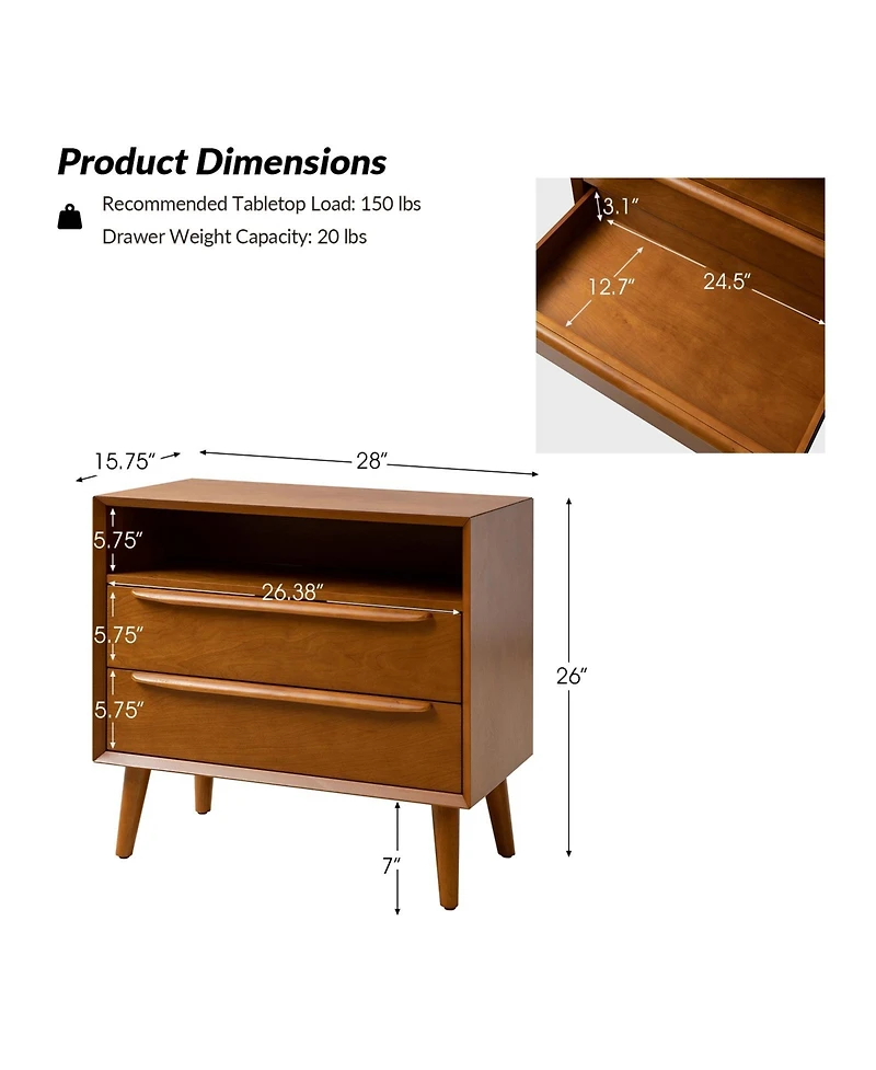 Hulala Home Kay Mid-century Modern 2 - Drawer Nightstand with Built-In Outlets