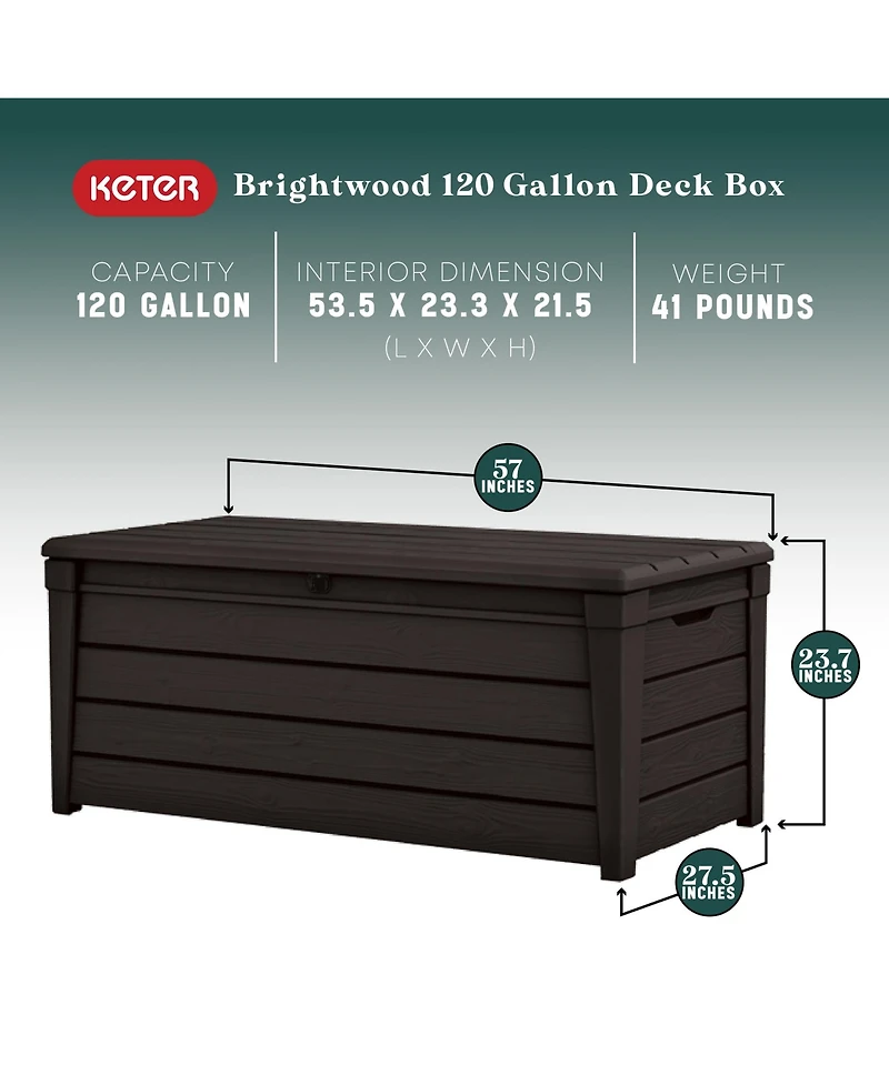 Keter Brightwood 120gal Weatherproof Resin Patio Deck Storage Box Bench, Brown