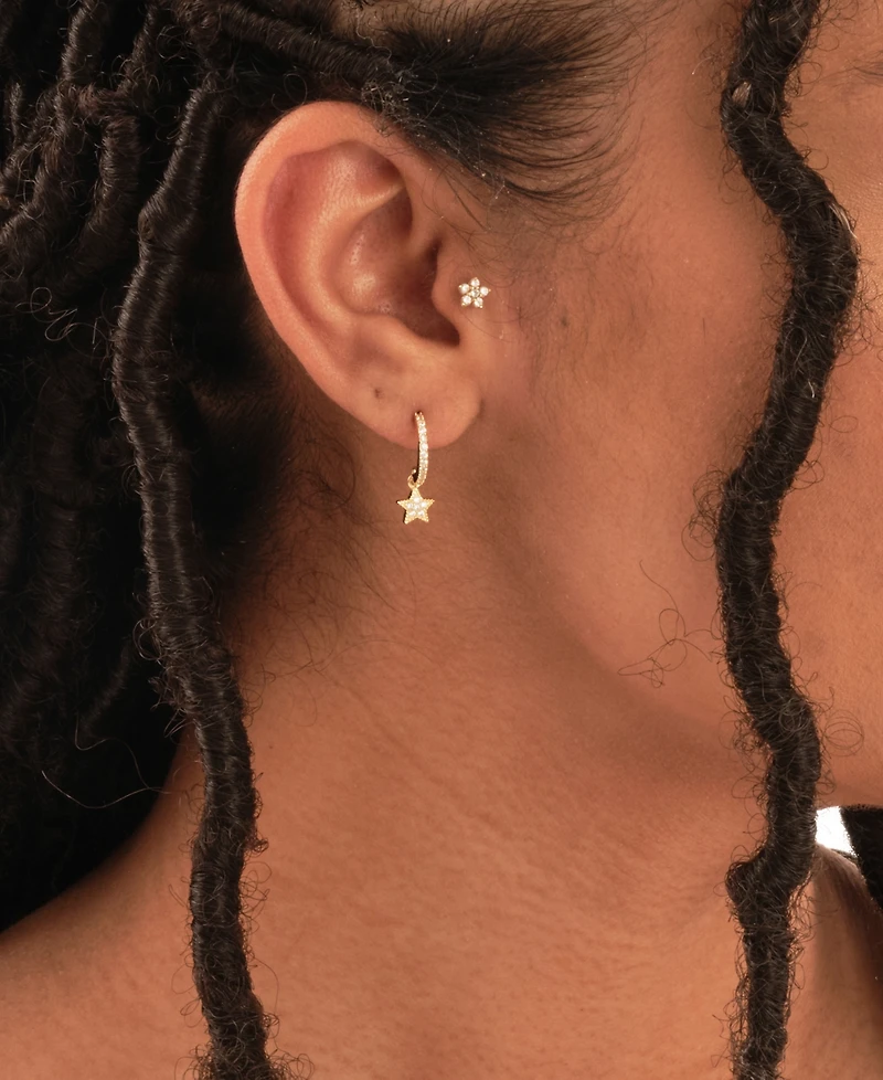 Women's Sterling Silver Moon Star Cubic Zirconia Gold Plated Micro Hoop Earrings