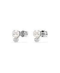 Swarovski Crystal Pearl, Round Cut, White, Rhodium Plated Matrix Stud Earrings