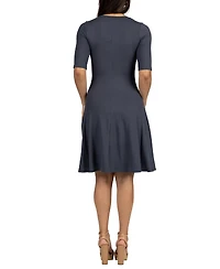 24seven Comfort Apparel a Line Knee Length Elbow Sleeves Dress
