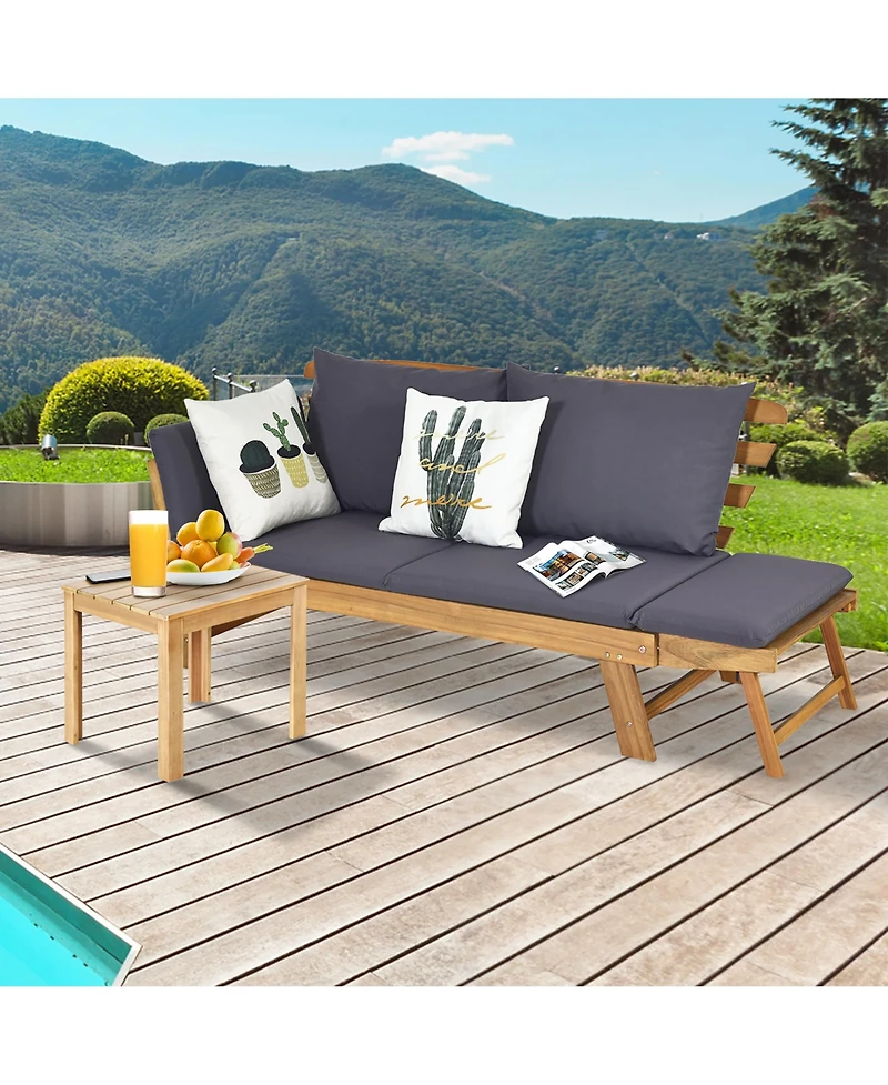 Gymax Adjustable Patio Sofa Daybed Acacia Wood Furniture w/ Cushion Pillow