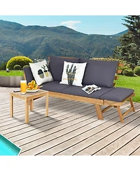 Gymax Adjustable Patio Sofa Daybed Acacia Wood Furniture w/ Cushion Pillow