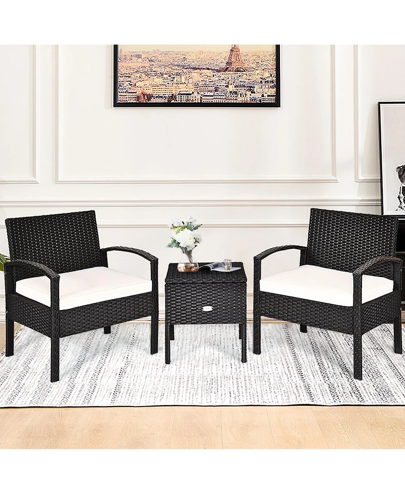 Gymax 3PCS Rattan Patio Conversation Set Outdoor Furniture Set w/ Storage Table