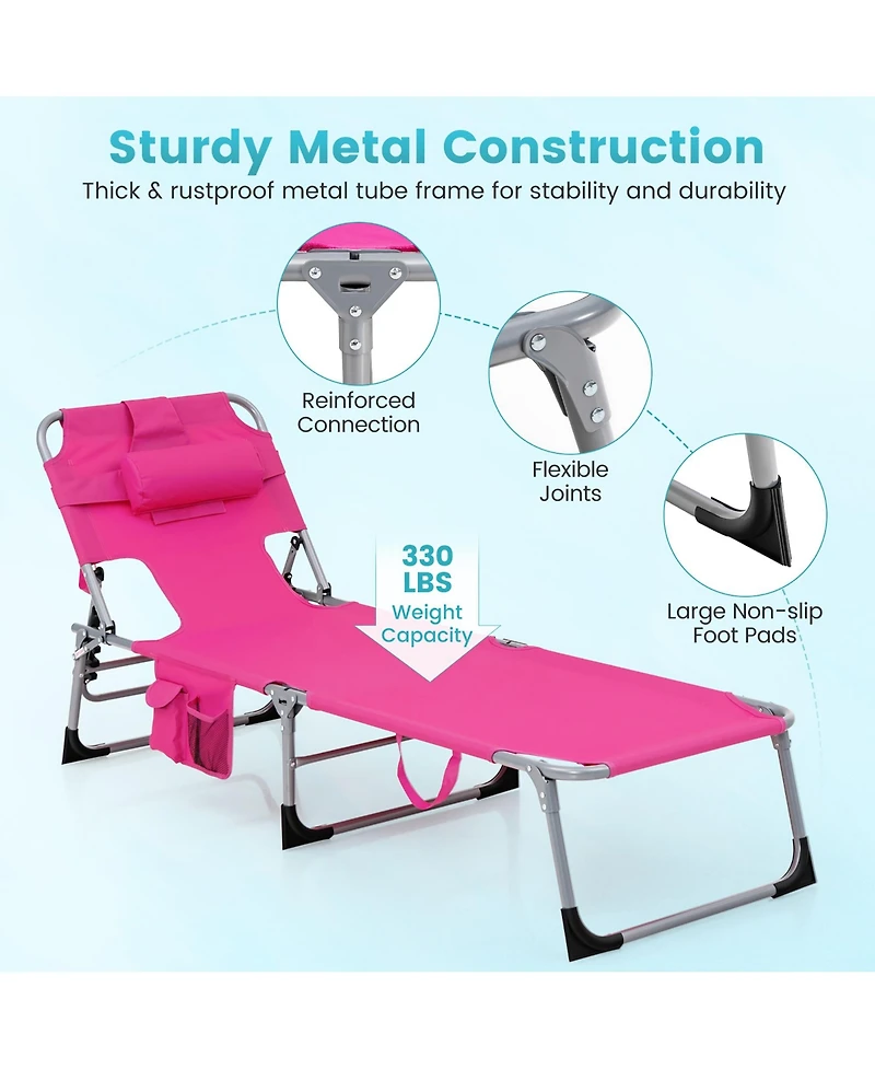 Gymax Set of 2 Beach Chaise Lounge Chair Folding Reclining w/ Facing Hole Turquoise