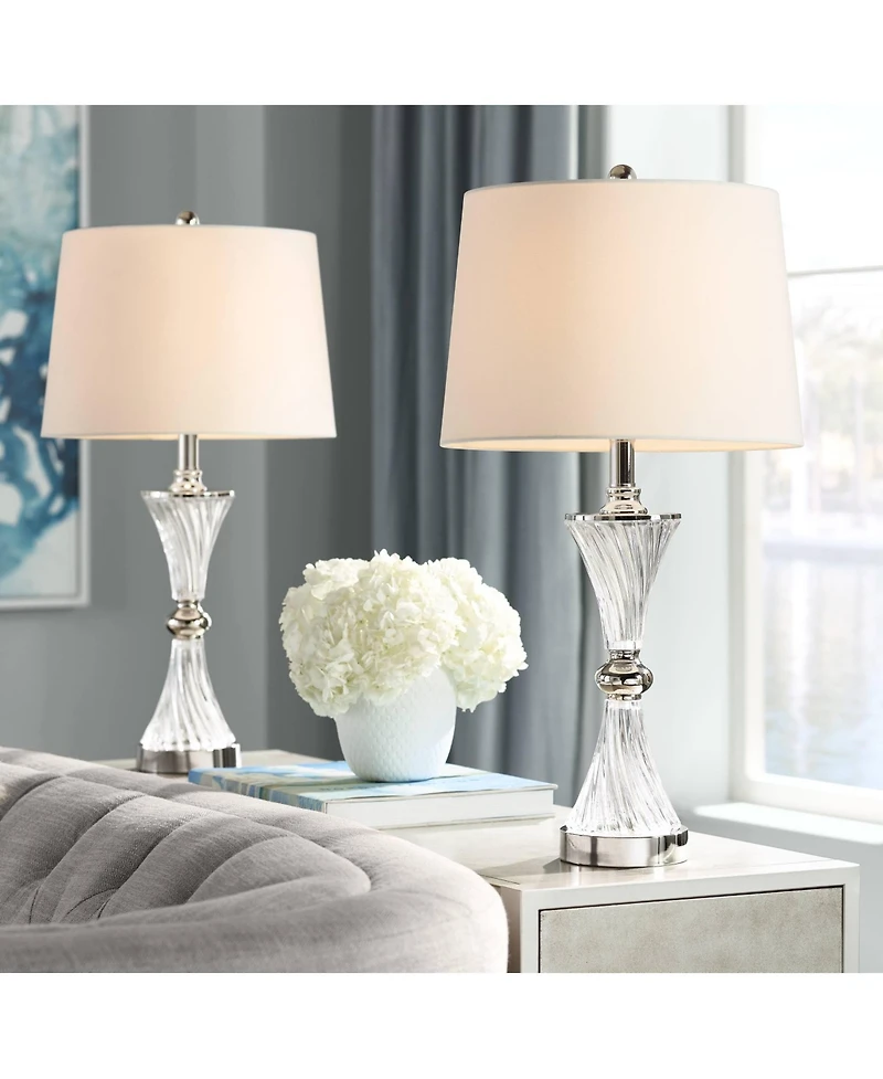 Luca Modern Table Lamps 25.5" High Set of 2 with Usb Charging Port Glass Chrome Silver Metal White Fabric Drum Shade for Living Room Bedroom Hous