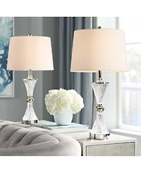 Luca Modern Table Lamps 25.5" High Set of 2 with Usb Charging Port Glass Chrome Silver Metal White Fabric Drum Shade for Living Room Bedroom Hous
