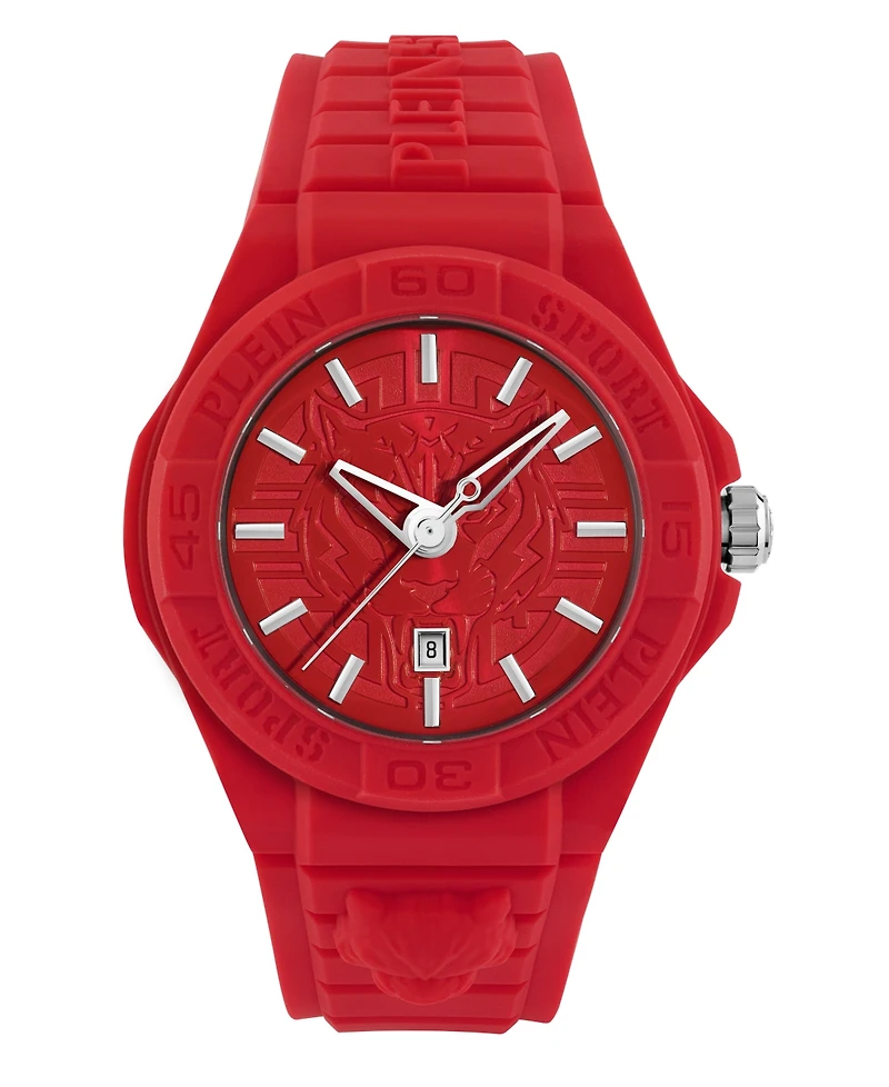 Plein Sport Men's New Fearless 3 Hand Date Quartz Red Silicone Strap 46mm