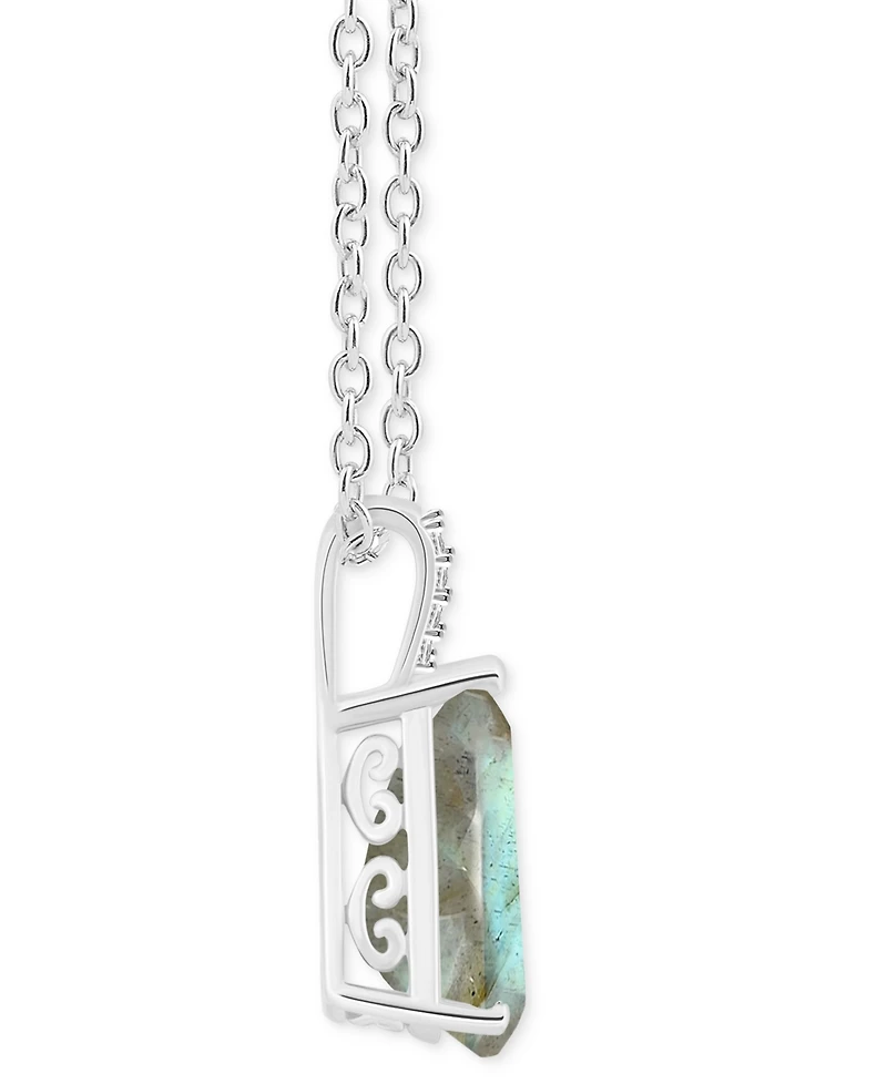 Labradorite & Diamond Accent Pear 18" Pendant Necklace Sterling Silver (Also Onyx)