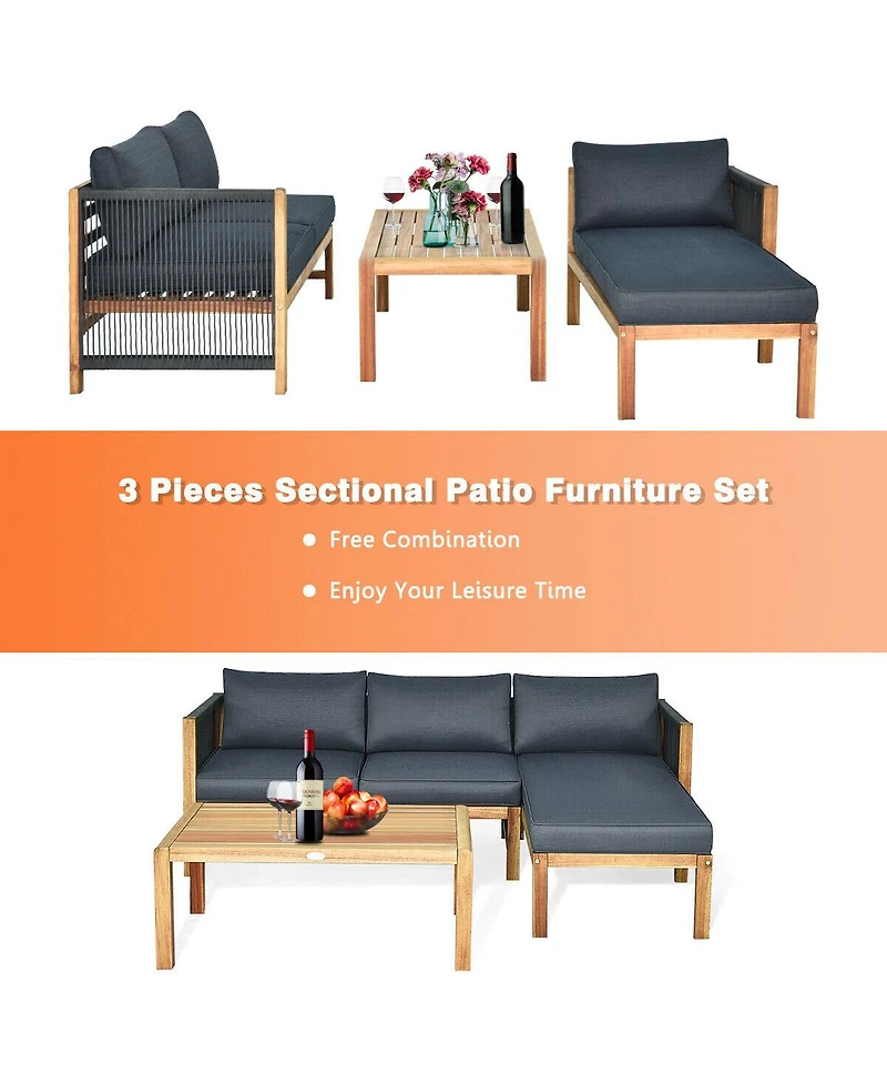 Sugift 3 Pieces Patio Acacia Wood Sofa Furniture Set with Nylon Rope Armrest