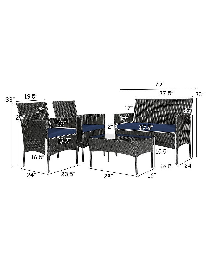 Sugift 4 Pieces Patio Rattan Cushioned Sofa Set with Tempered Glass Coffee Table-Navy