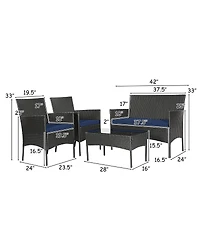 Sugift 4 Pieces Patio Rattan Cushioned Sofa Set with Tempered Glass Coffee Table-Navy