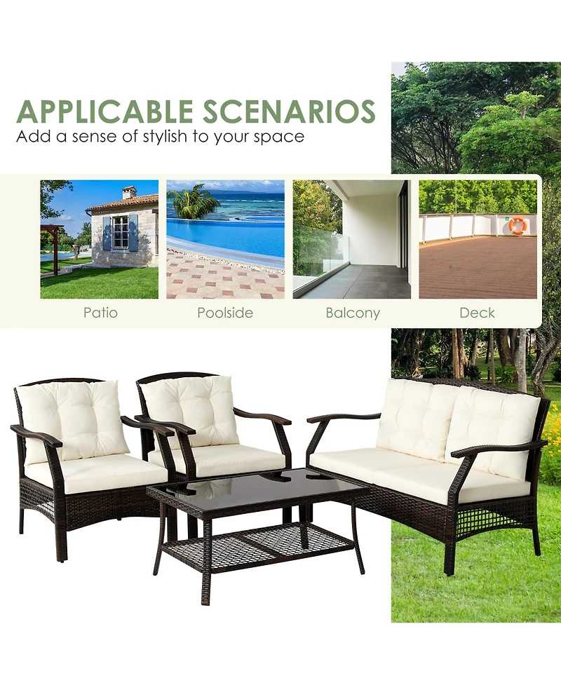 Gymax 4PCS Rattan Patio Conversation Furniture Set Wicker Sofa Set w/ Waterproof Cover