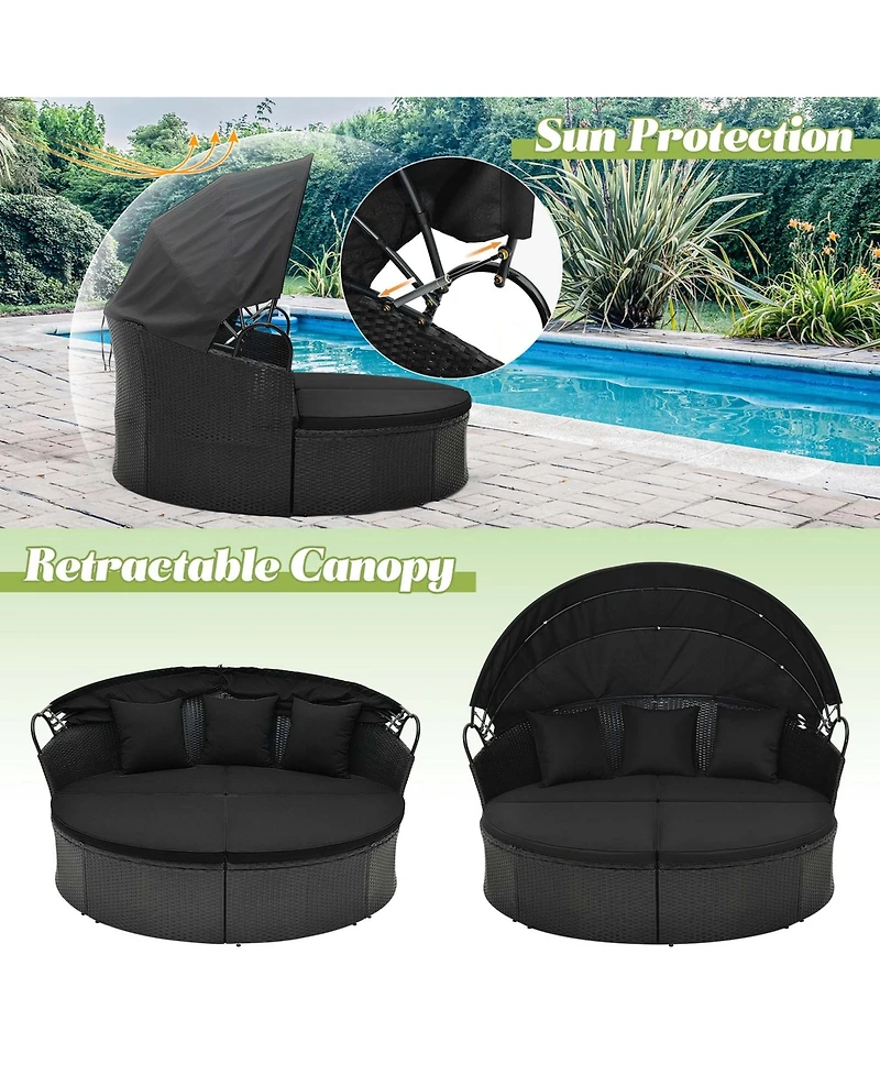 Patio Round Daybed with Retractable Canopy Rattan Sectional Seating
