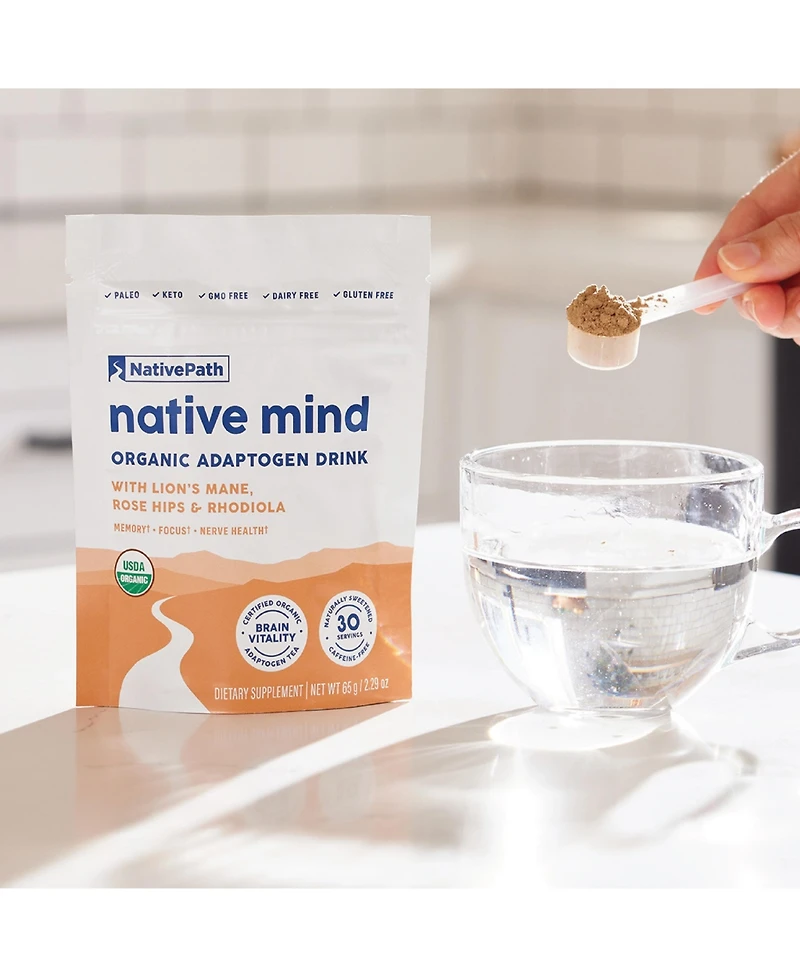 NativePath Native Mind Organic Adaptogen Herbal Support Blend - Organic Mushroom Drink Powder with Lion's Mane, Rhodiola & Rose Hips - 30 Servings