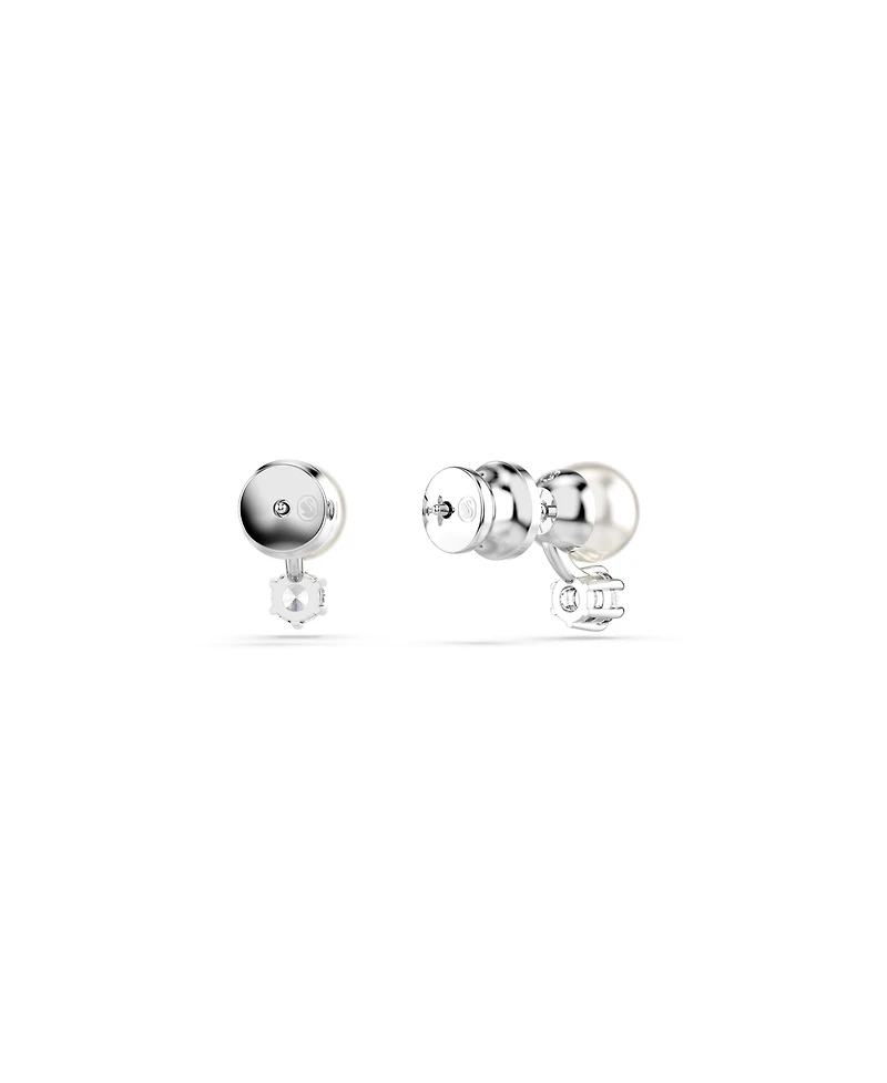 Swarovski Crystal Pearl, Round Cut, White, Rhodium Plated Matrix Stud Earrings