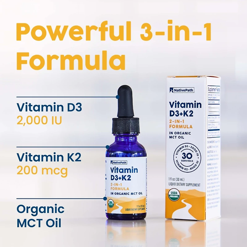 NativePath D3K2 Tincture - 2000IU Vitamin D3 and Vitamin K2 Supplement with Organic Mct Oil - 1 Fluid Ounce