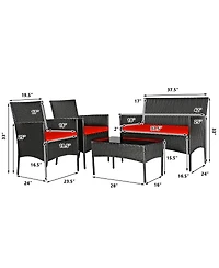 Sugift 4 Pieces Patio Rattan Cushioned Sofa Set with Tempered Glass Coffee Table-Red