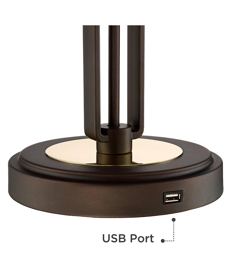 Franklin Iron Works Javier Industrial Table Lamp with Hotel Style Usb Charging Port 24.5" High Iron Bronze White Drum Shade Decor for Living Room Desk