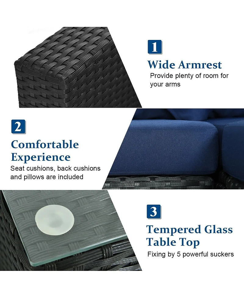 Sugift 7 Pieces Sectional Wicker Furniture Sofa Set with Tempered Glass Top-Navy