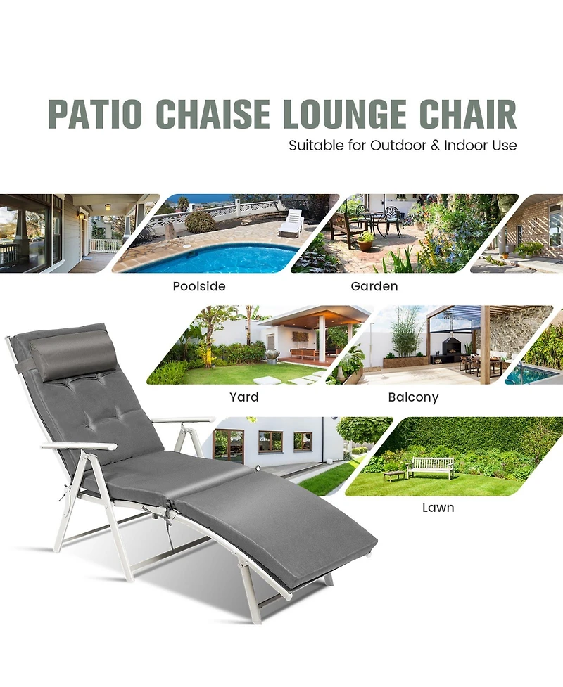 Inolait Adjustable Outdoor Lightweight Folding Chaise Lounge Chair with Pillow-Grey