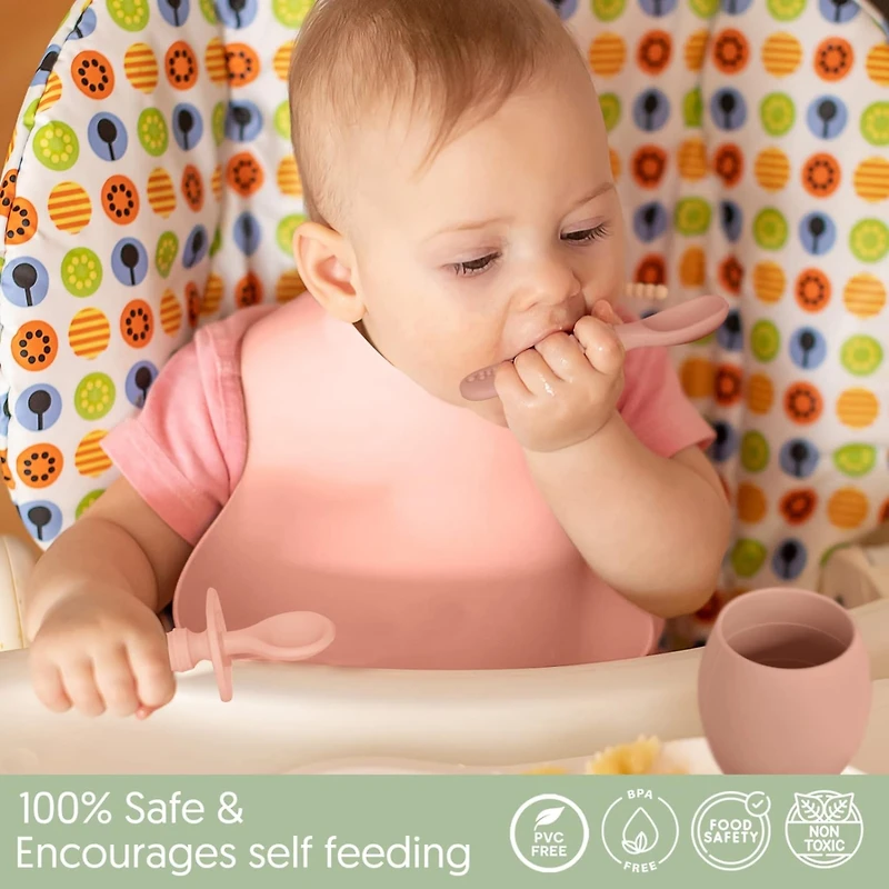 Sperric Toddler Silicone Feeding Set Led Weaning Utensils, Silicone Bibs Feeding Cups Smooth Waterproof Material For Practical Eating, Set of 8