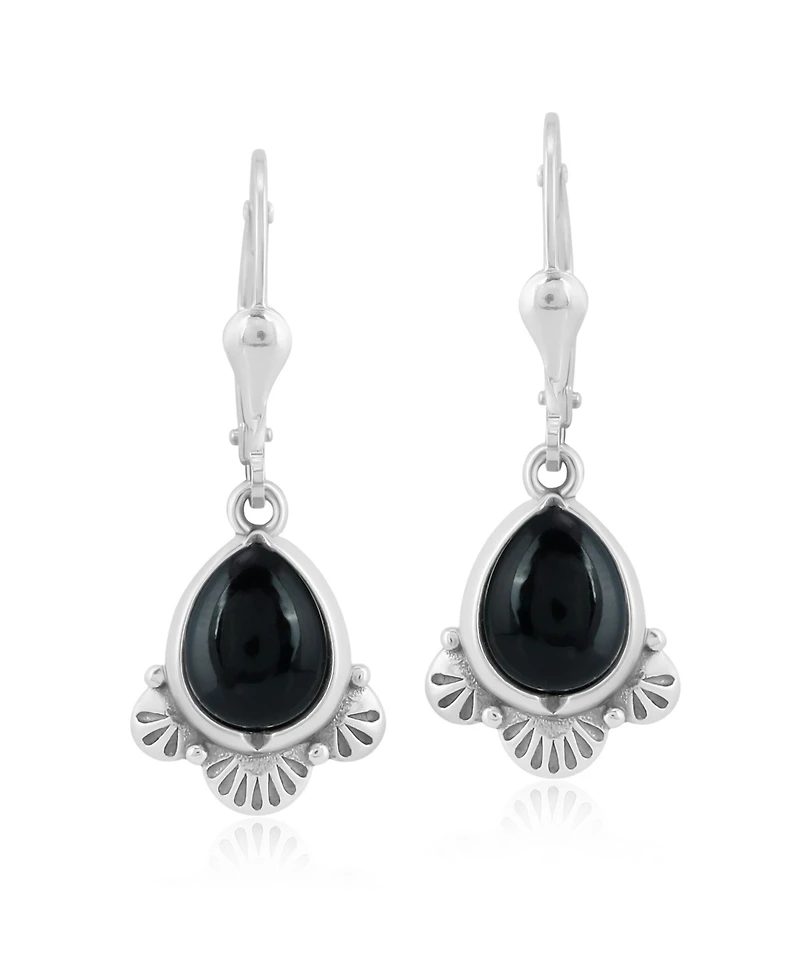 American West Jewelry Sterling Silver and Pear Shape Black Onyx Gemstone Fan Lever Back Earrings