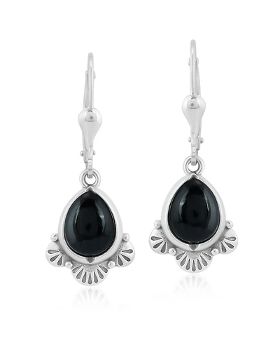 American West Jewelry Sterling Silver and Pear Shape Black Onyx Gemstone Fan Lever Back Earrings
