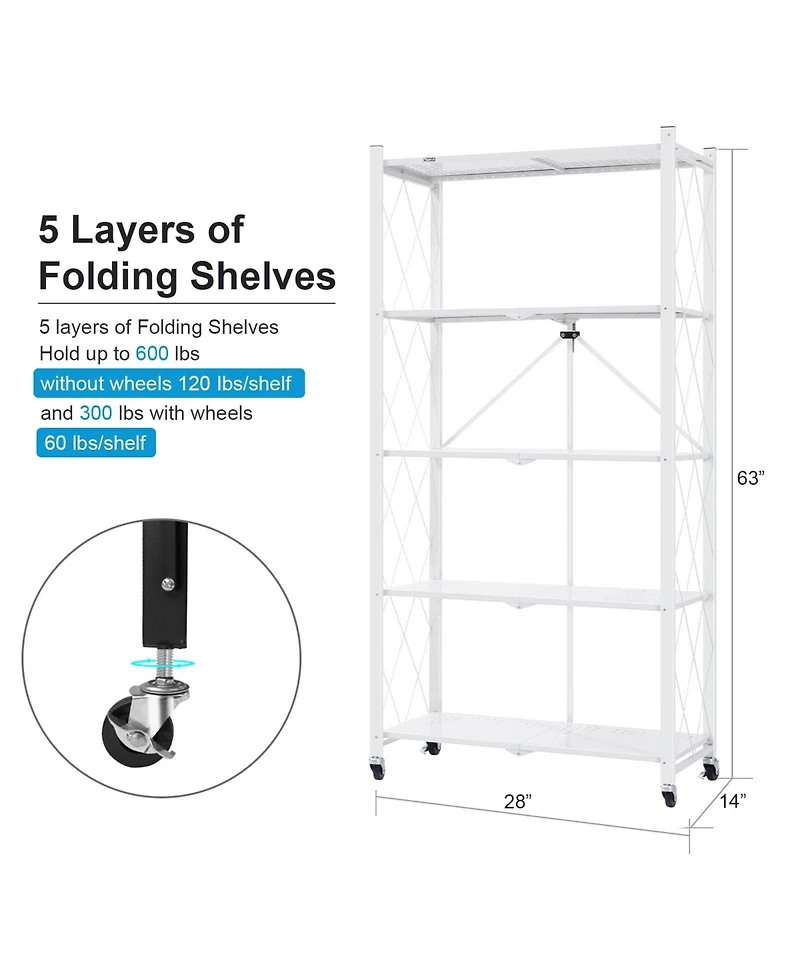 Sugift 5-Tier Folding Storage Shelves Metal Folding Shelves with Wheels, 750Lbs Capacity, White