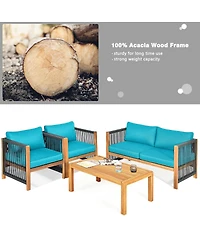 Sugift 4 Pieces Acacia Wood Sofa Set with Cushions for Outdoor Patio-Blue